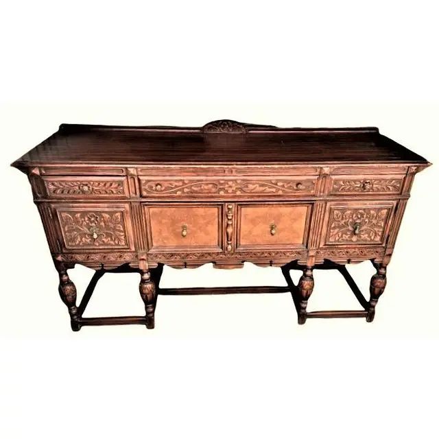 Antique Carved Oak, Mahogany and Burled Walnut Spanish Revival Buffet Sideboard | Chairish