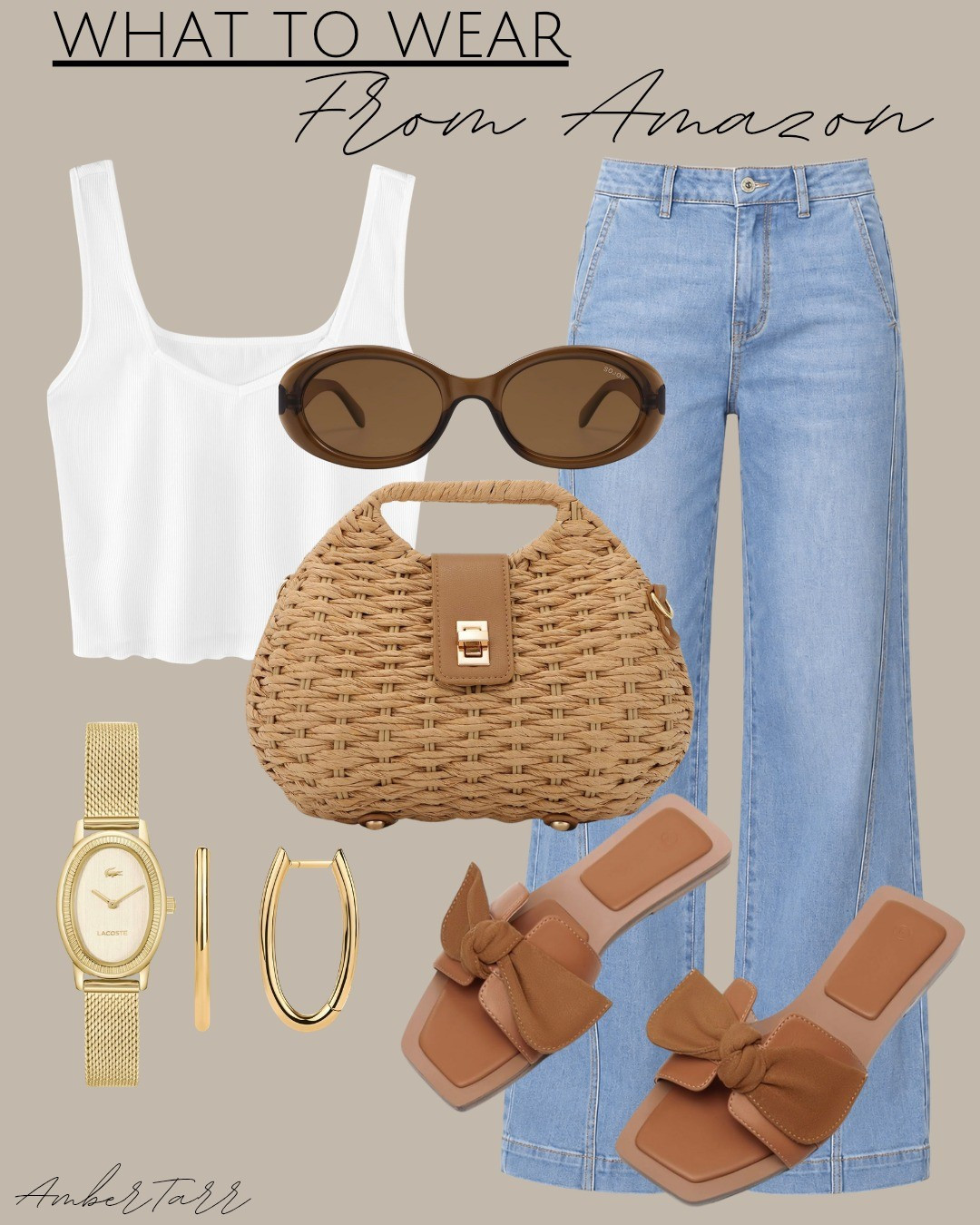 Casual summer everyday outfit from Amazon that is simple, stylish, and so easy to throw together. A white ribbed crop tank paired with wide leg light wash jeans, a woven rattan bag, tan bow flat sandals, retro oval sunglasses, gold oval hoop earrings, and a dainty gold watch. This relaxed everyday look is perfect for running errands, a casual lunch date, or any warm weather day when you want to look effortlessly put together without trying too hard.

#LTKgrwm #LTKOver40 #LTKootd