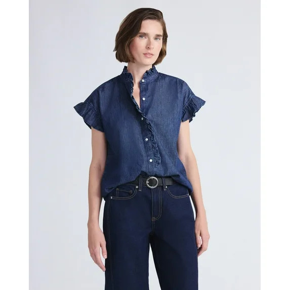 Free Assembly Women's and Women's Plus Ruffle Trim Neck Top with Short Sleeves, Sizes XS-4X - Wal... | Walmart (US)