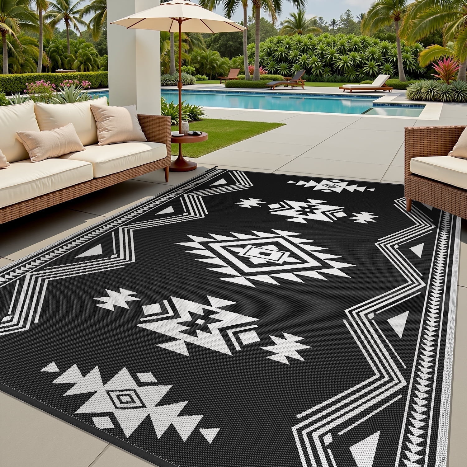 SIXHOME 6x9 Feet Waterproof Outdoor Rug - Reversible Black & White Plastic Patio Mat, Non-Slip Du... | Walmart (US)