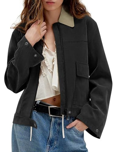 Women's Faux Suede Cropped Jacket Casual Zip Up Jackets Contrast Collar Fleece Winter Coats Outer... | Amazon (US)