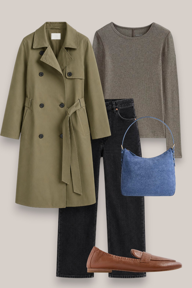 A slightly smarter everyday trench outfit with black jeans, a taupe knit and brown loafers. The blue suede bag adds just enough colour without taking away from the neutrals. #khakitrench #loafers #blackjeans #smartcasual 

 #LTKautumn #LTKworkwear #LTKstyletip
