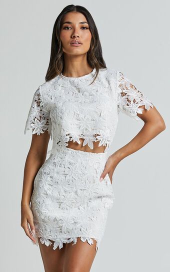 Salvi Two Piece Set - Short Sleeve Top and Mini Skirt Lace Set in Off White | Showpo (US, UK & Europe)