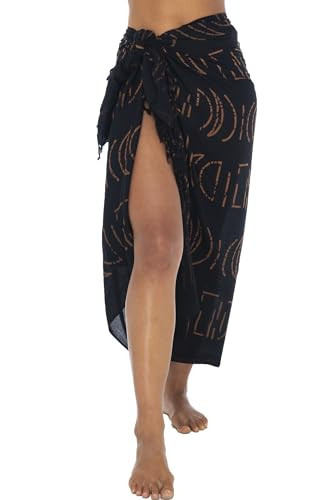 Back From Bali Womens Print Black Sarong Coverup Swimsuit Pareo with Boho Fringe & Coconut Clip - Wrap Skirt or Beach Shawl | Amazon (US)