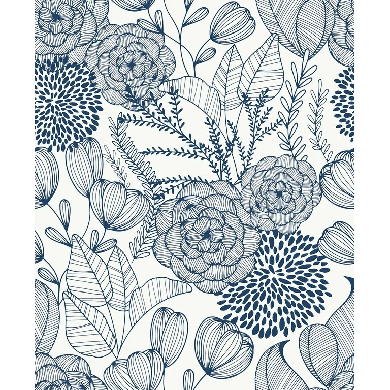 NuWallpaper Navy Secret Garden Vinyl Peel And Stick Wallpaper, 216-in by 20.5-in, 30.75 sq. ft. | Walmart (US)