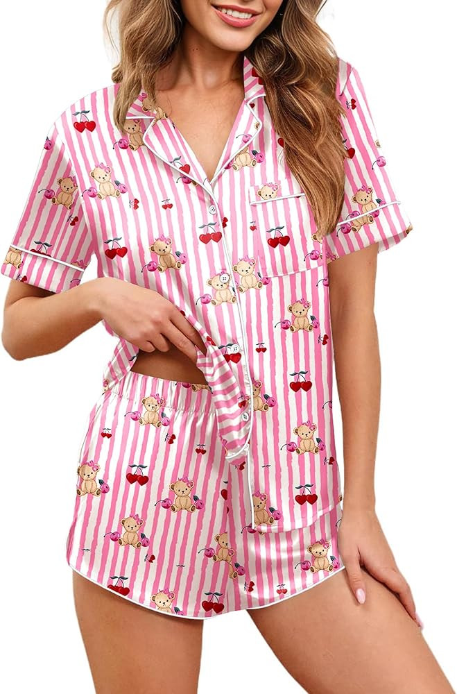 Ekouaer Womens Silk Satin Pajamas Set Short Sleeve Sleepwear Button Down Loungewear 2 Piece Pjs S... | Amazon (US)