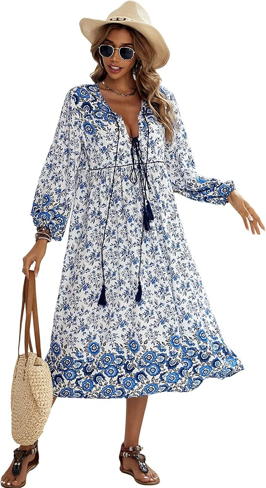 R.Vivimos Women's Long Sleeve Floral Print Retro V Neck Tassel Bohemian Midi Dresses | Amazon (US)