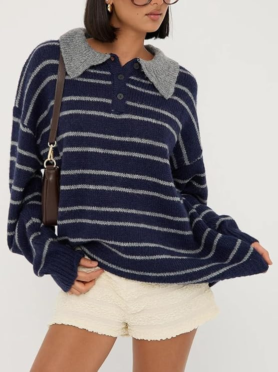 Women Y2k Rugby Polo Shirt Striped Knit Sweater Long Sleeve Collared V Neck Sweatshirt Oversized ... | Amazon (US)