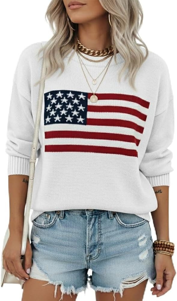 Noni Women's American Flag Pattern Long Sleeve Lightweight Round Neck Sweater Casual Loose Pullov... | Amazon (US)