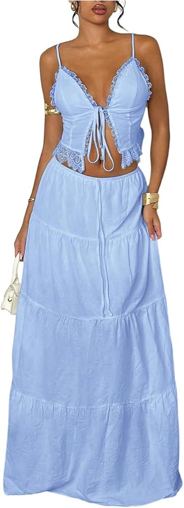 Floerns Women's 2 Piece Outfit Lace Trim Tie Front Camisole Top Tiered Maxi Skirts Set | Amazon (US)