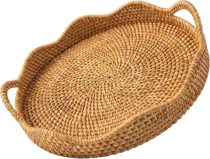 14" Round Scalloped Rattan Tray | Handwoven Decorative Tray with Handles for Coffee Table, Ottoma... | Amazon (US)