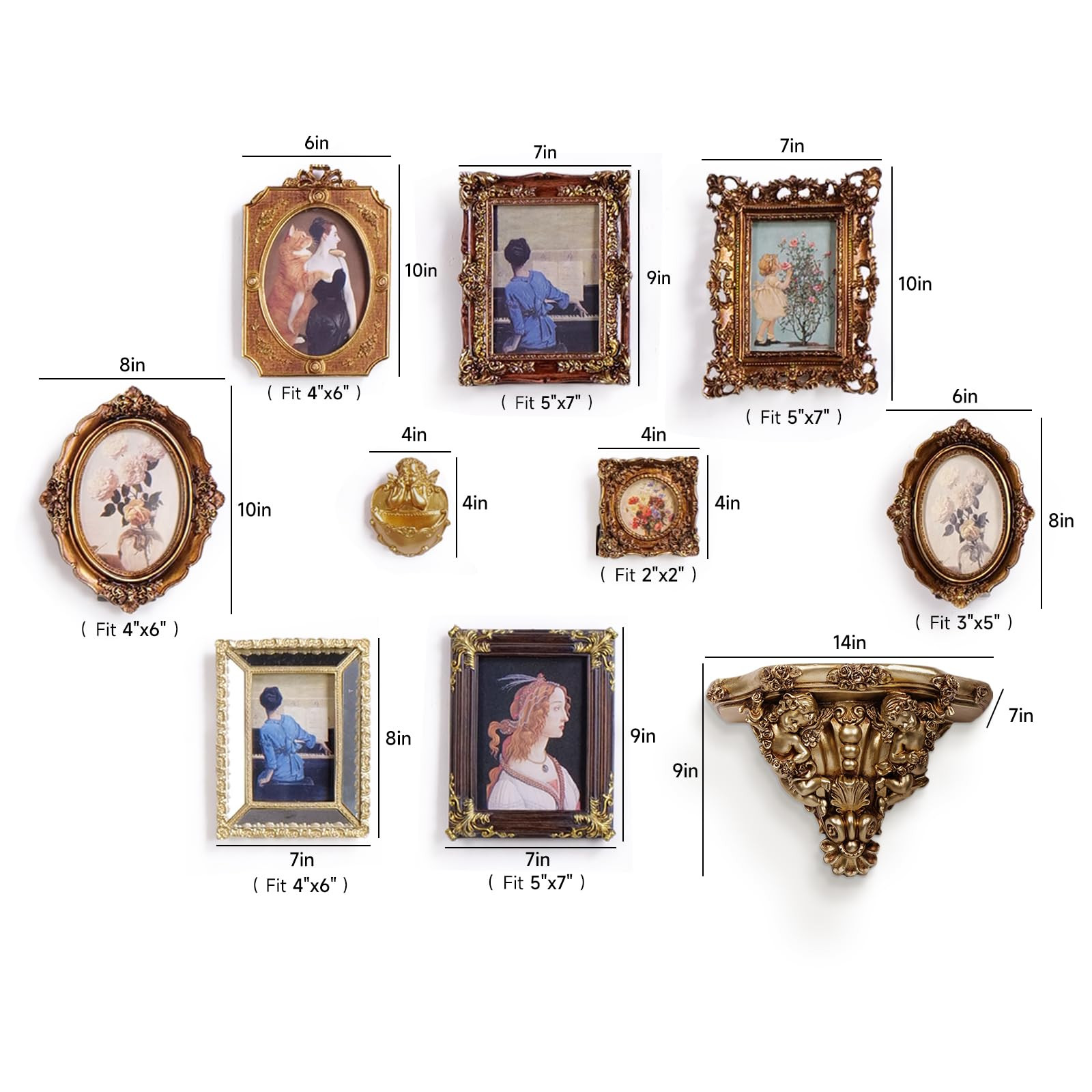 10 Pack Vintage Wall Decor, 5x7 Gold Picture Frames Antique Resin Gallery Wall Frame Set with Wal... | Amazon (US)
