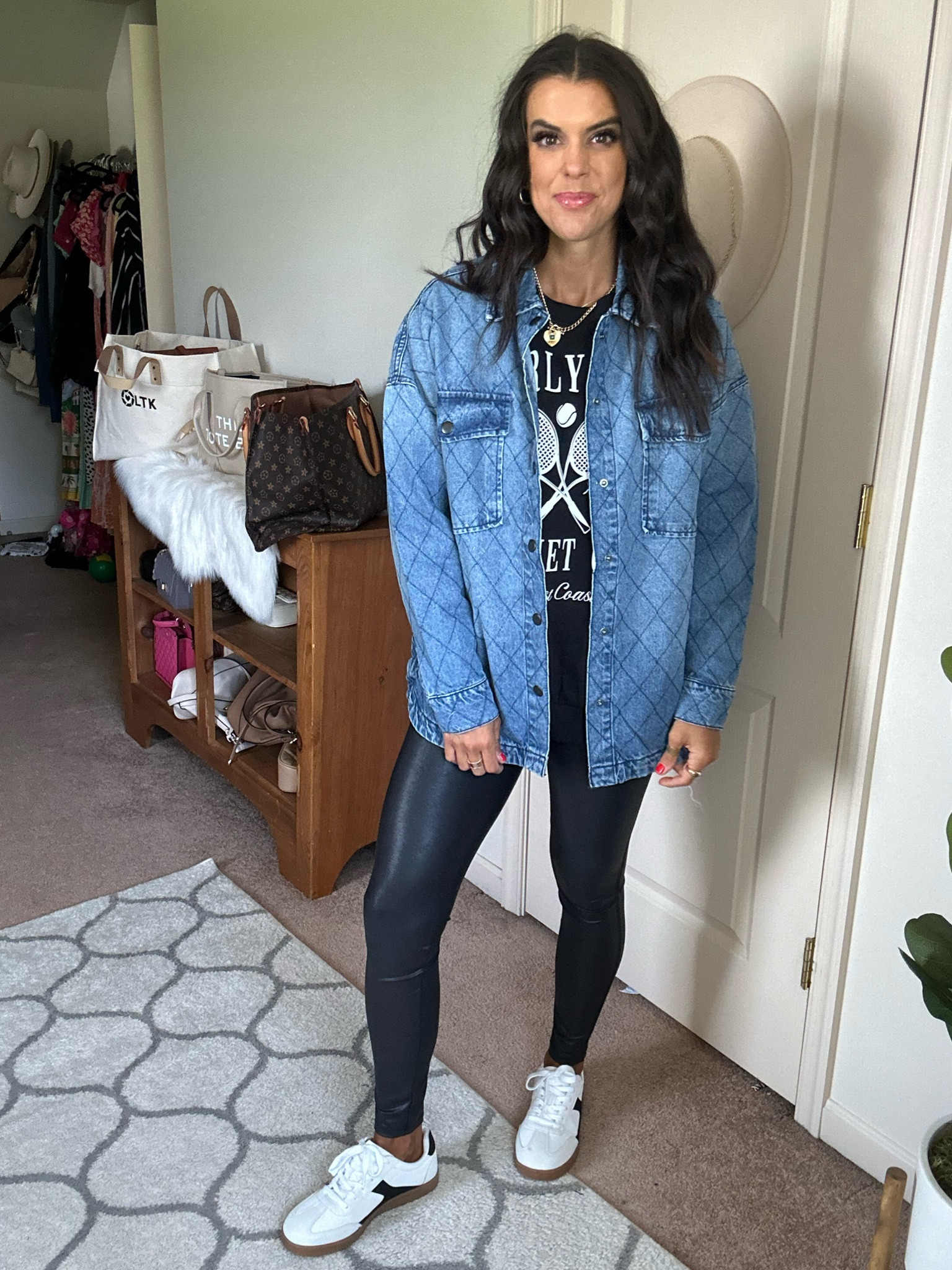 Size small in jean shacket 
Size small in leggings 

#LTKSeasonal #LTKFindsUnder50 #LTKFindsUnder100