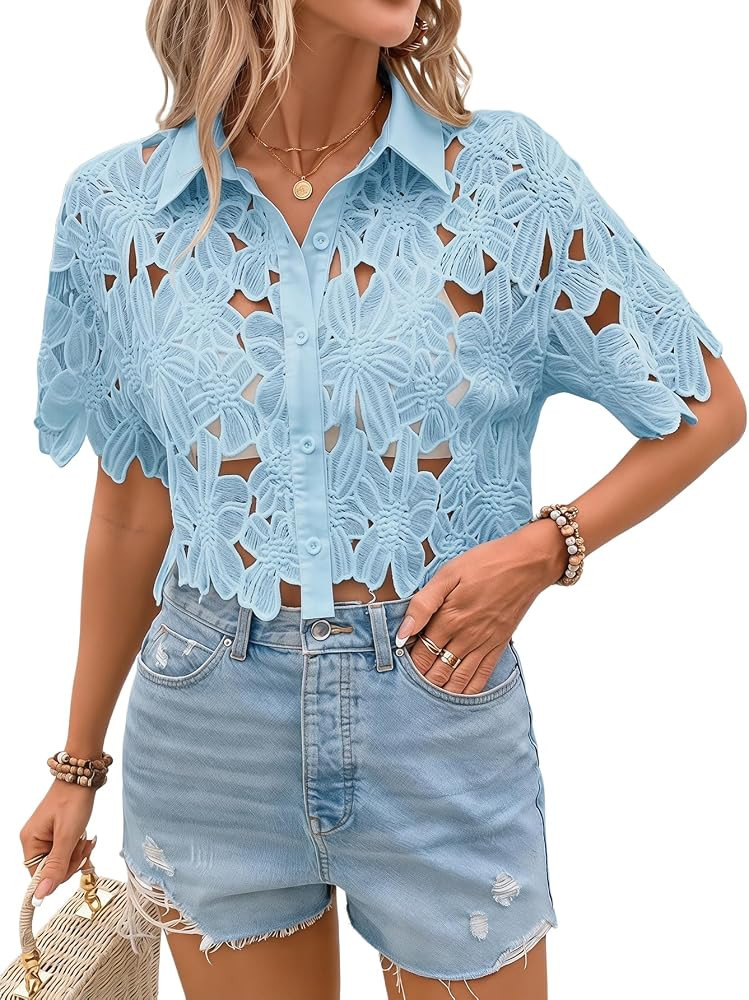 SOLY HUX Women's Floral Lace Cropped Blouses Hollow Out Crop Tops Blouse Short Sleeve Button Down... | Amazon (US)