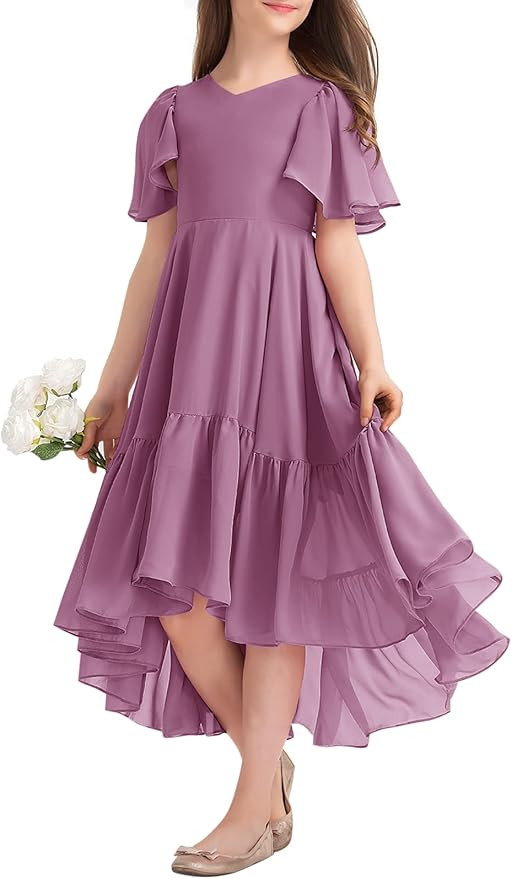 Girls Ruffle Dresses Casual A Line V Neck Short Sleeve Flowy High Low Long Maxi Junior Bridesmaid... | Amazon (US)