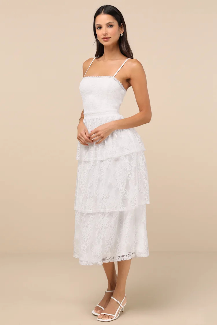 Estrid White Lace Tiered Midi Dress | Lulus