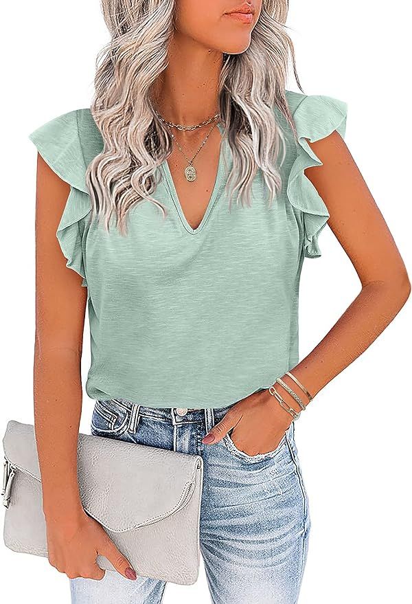 Zeagoo Women's Casual Ruffle Sleeve Summer Tops Sexy V Neck Shirts Short Sleeve Loose T Shirt Blo... | Amazon (US)