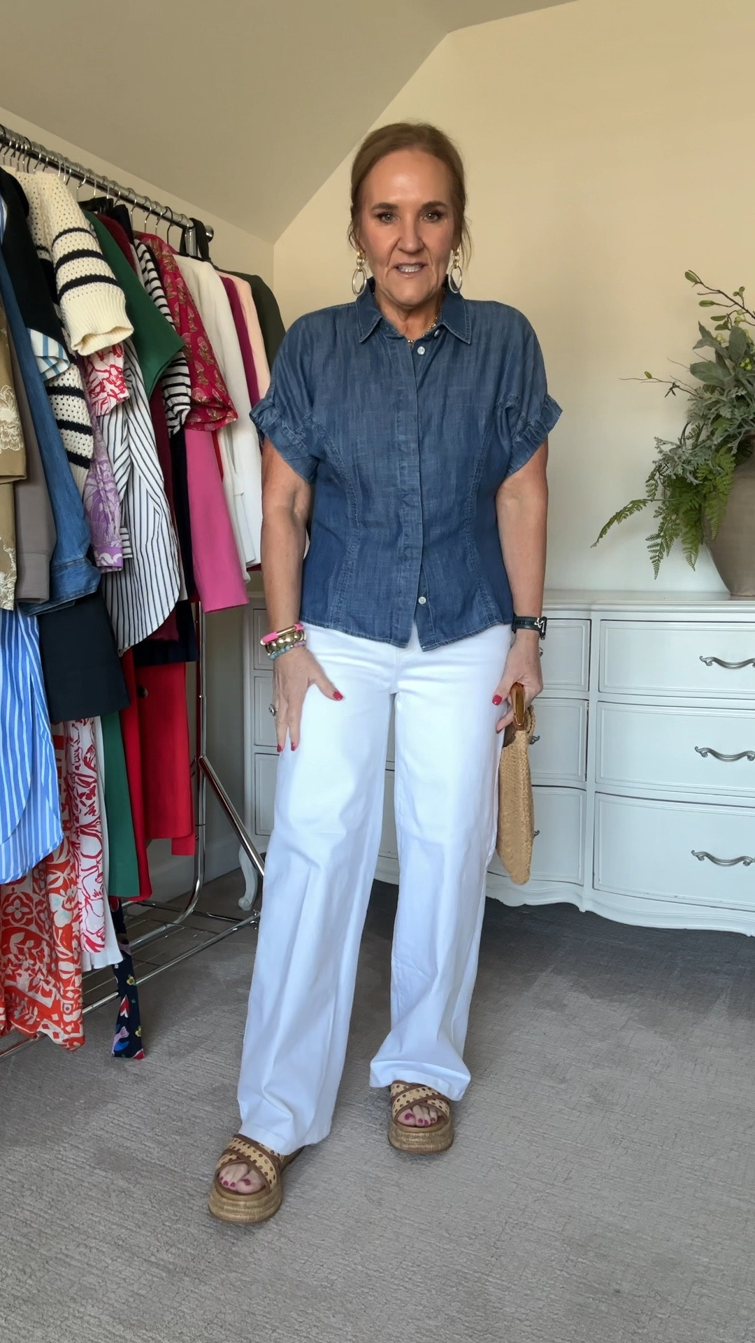 Tencel chambray top size medium size up if thicker in the middle. 
White wide leg jeans super good. Nice stretch. Thicker denim. Not see through. Tts. Wearing a 29 reg 
Shoes with caning and leather details are so good. 
Linking similar straw bags! 

Allie Bess 20% off code NANETTE20
15% off Eby bras code nanettefs15
Vacation outfit banana republic factory resort wear spring break 

#LTKOver40 #LTKFindsUnder100 #LTKSaleAlert