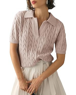 Imily Bela Women's Cable Short Sleeve Sweaters Tops Solid Lapel V Neck Knit Casual Soft Pullover ... | Amazon (US)