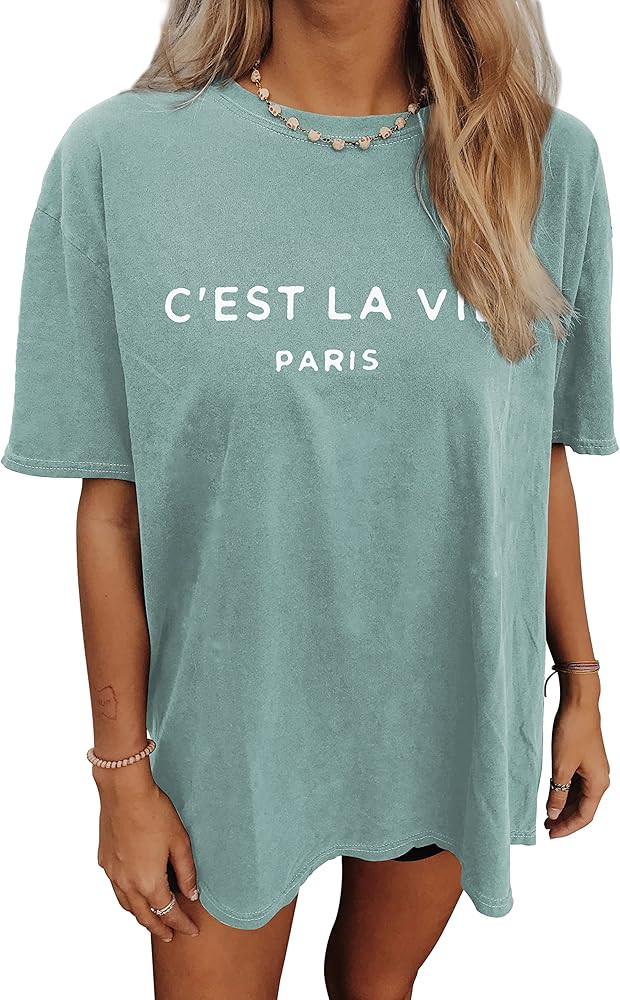 CSDAJIO Women's Casual Short Sleeve Loose Shirt Oversized T-Shirt Trendy Going Out Crew Neck Summ... | Amazon (US)