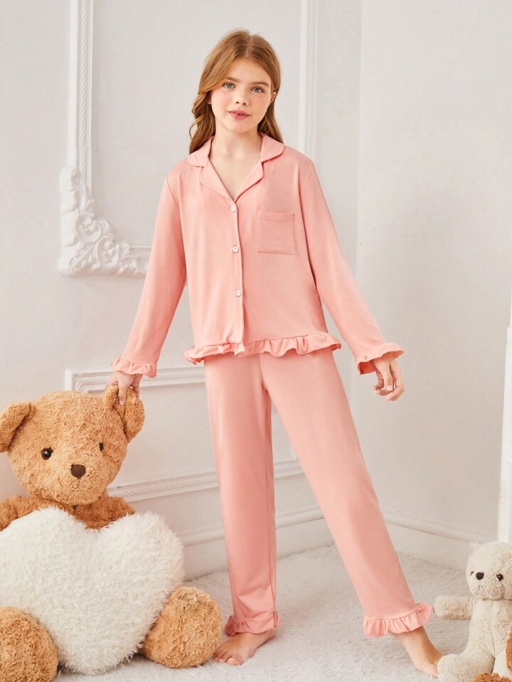 Tween Girls' Solid Color Frill Hem Home Suit Set | SHEIN