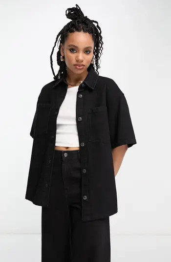 ASOS DESIGN Elbow Sleeve Longline Denim Button-Up Shirt | Nordstrom | Nordstrom