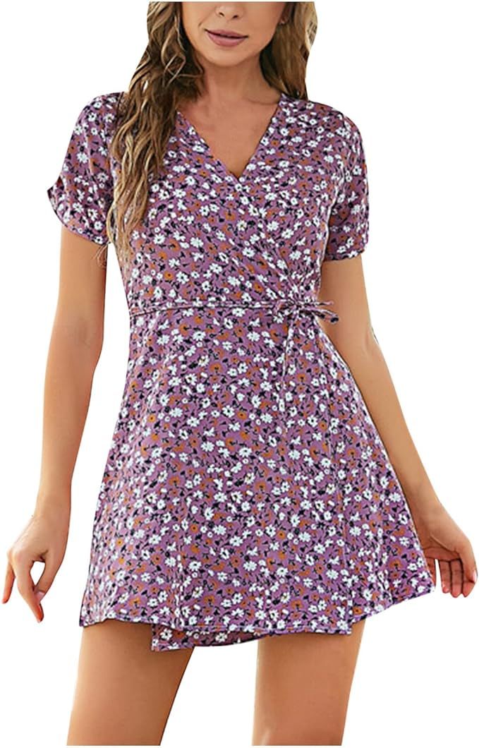 Floral Mini Dresses for Women Fashion Casual Short Sleeve V Neck Wrap Skirt Summer Tie Waist Tuni... | Amazon (US)