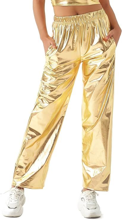 CQBXTP Women's Shiny Metallic Holographic High Waisted Straight Wide-Leg Long Pants Trousers Club... | Amazon (US)