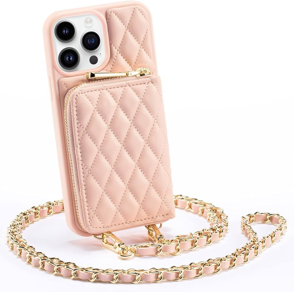 LAMEEKU iPhone 14 Pro Max Wallet Case, Quilted Leather Crossbody Chain, Card Holder, RFID Shockpr... | Amazon (US)