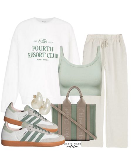 Sweatshirt, linen trousers, crop top, Chloe woody tote bag, adidas samba trainers. 
Airport outfit, airport look, travel outfit, comfy casual.

#LTKstyletip #LTKtravel #LTKshoecrush