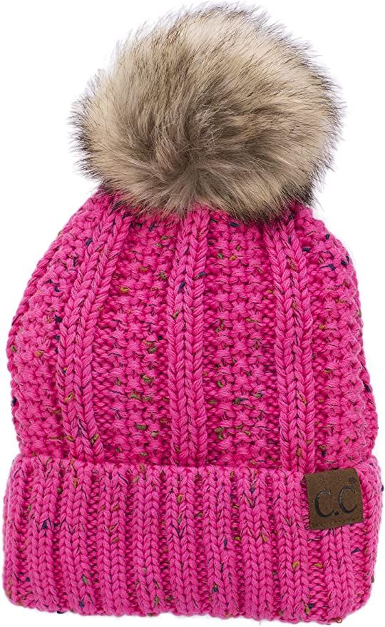 C.C Thick Cable Knit Faux Fuzzy Fur Pom Fleece Lined Skull Cap Cuff Beanie | Amazon (US)