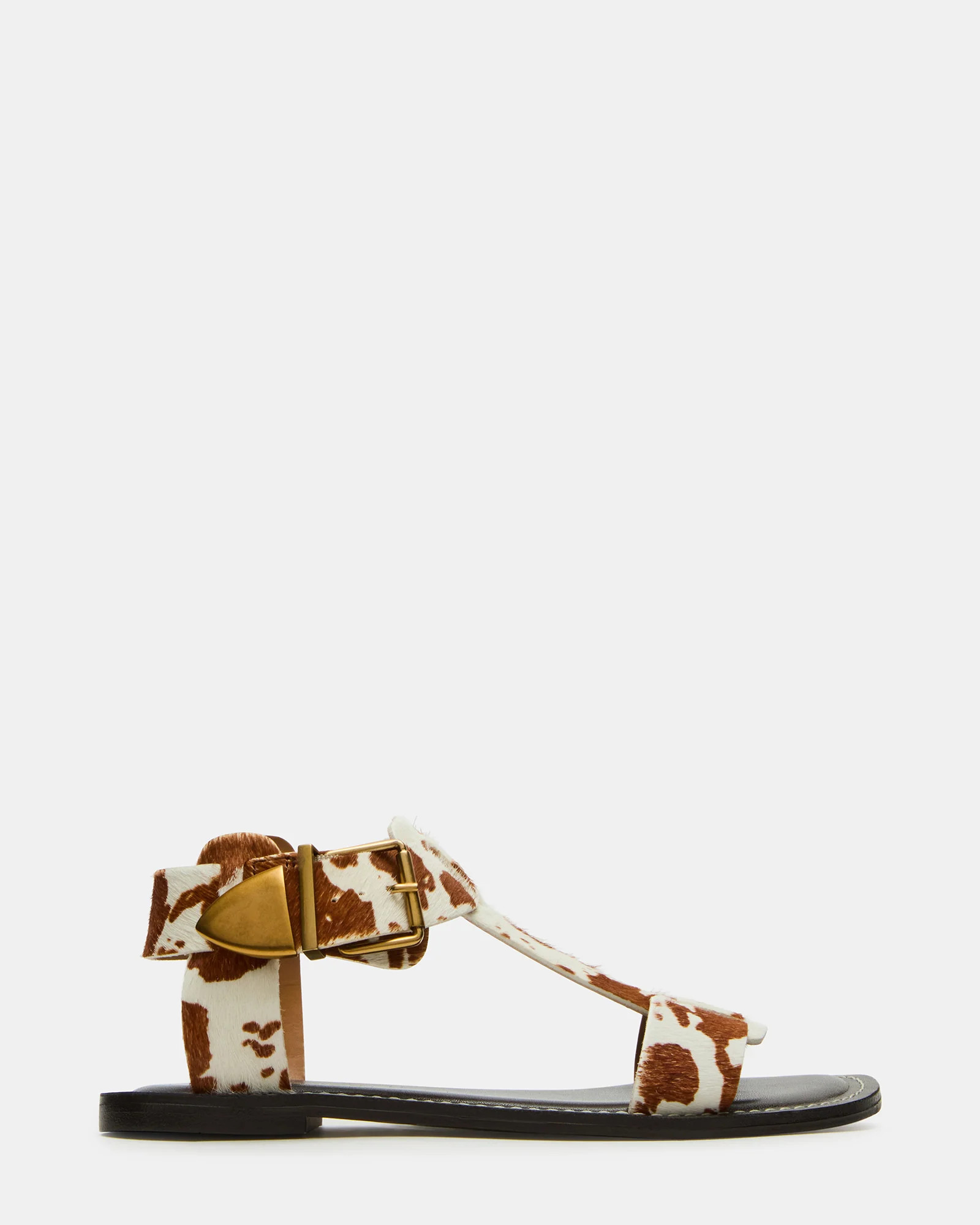 BRAZINN Brown Cow Print Strappy Flat Sandal Women's Sandal | Steve Madden (US)