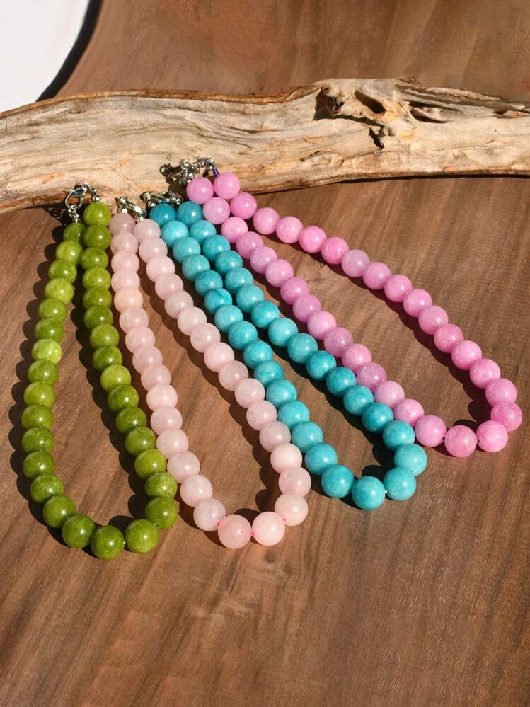 1/4pcs 12mm Natural Stone Beaded Necklace, Fashion Dopamine Color Retro Exaggerated Choker, Natur... | SHEIN
