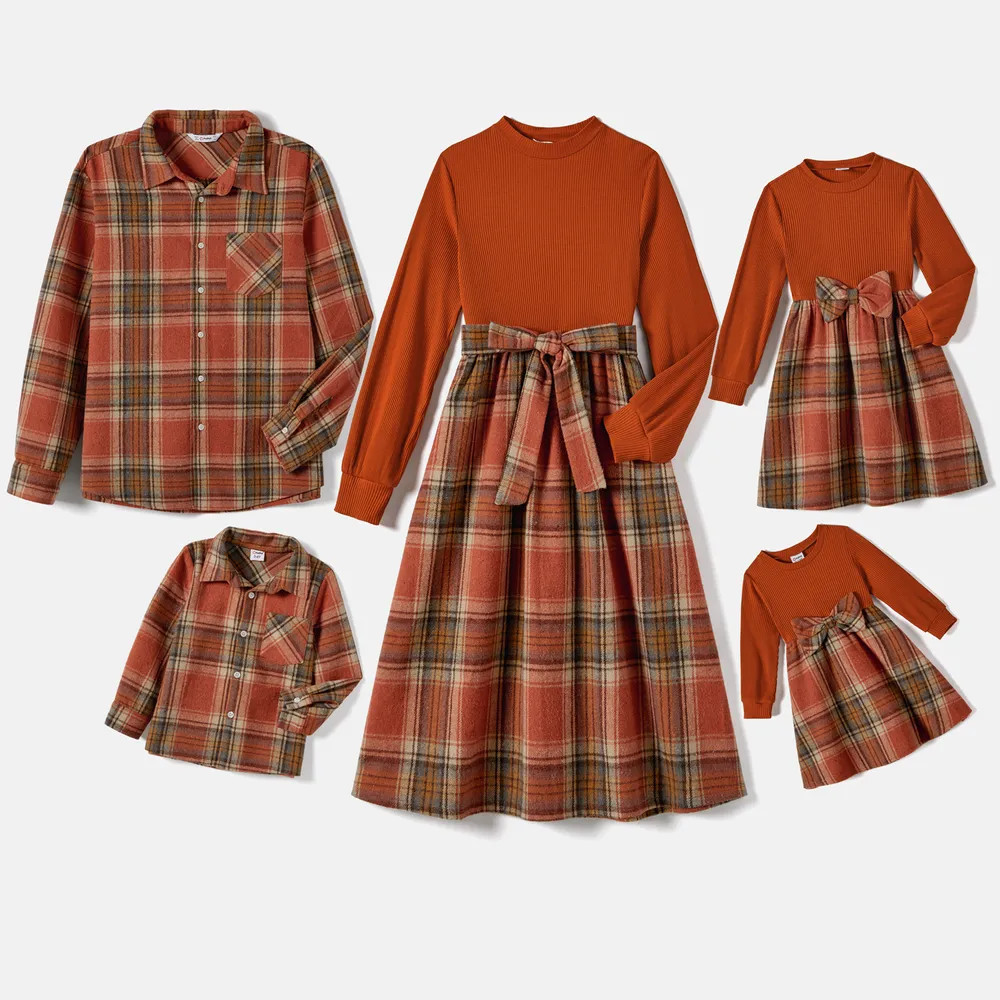 Family Matching Ribbed Spliced Plaid Belted Dresses and Polo Shirts Sets | PatPat