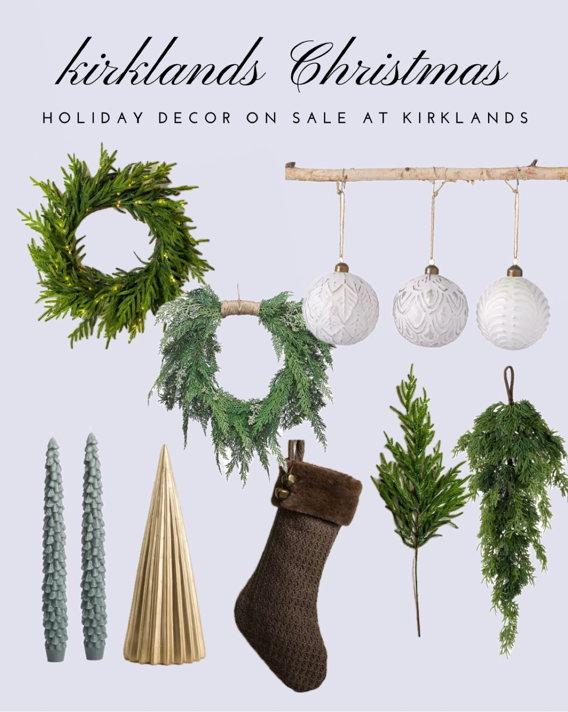 Holiday Decor Sale | Christmas Decor at Kirklands on Sale | white etched ornament set; gold Christmas tree figurine; faux greenery swag; lit faux Nordic pine wreath; tree taper candles; brown faux fur stocking; faux greenery; faux real touch garland; real touch garland; real touch greenery

#LTKHolidaySale #LTKHoliday #LTKSeasonal