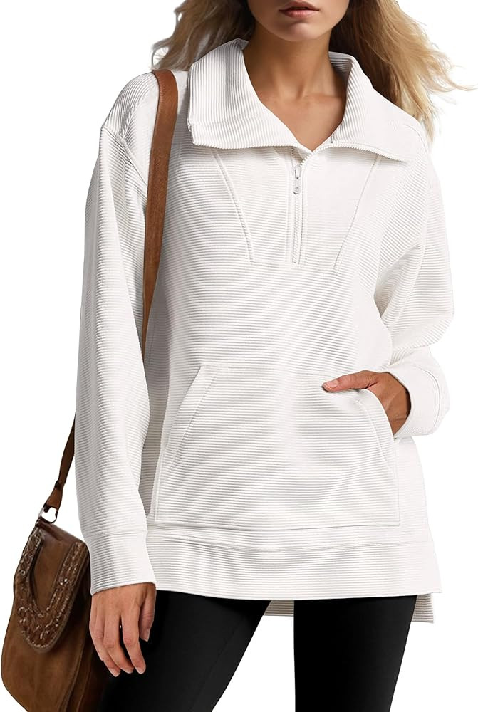 ANRABESS Womens Quarter Zip Oversized Long Sleeve Ribbed Knit Tunic Sweatshirts | Amazon (US)