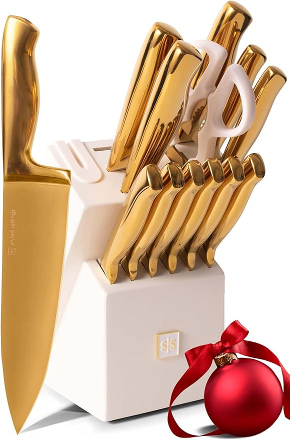 STYLED SETTINGS White and Gold Knife Set with Sharpener -14PC Self Sharpening Knife Block Set Inc... | Amazon (US)