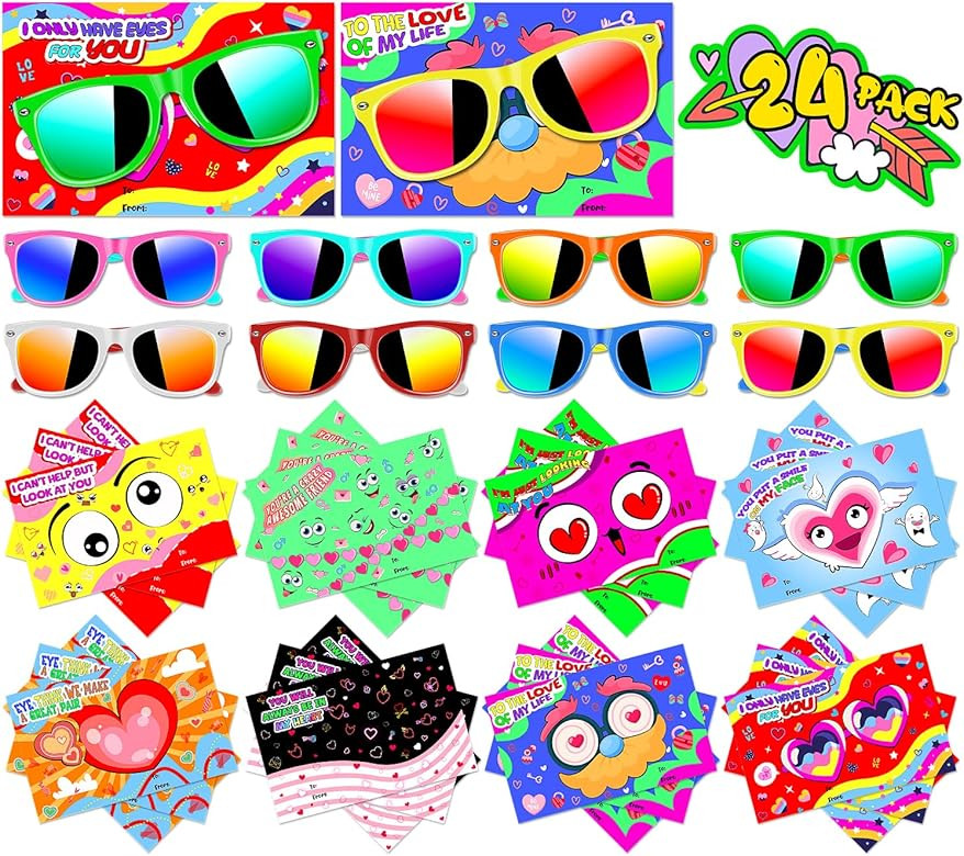 OLIKER Valentines Day Gifts for Kids Classroom,24 Pack Valentines Cards with Kids Sunglasses Bulk... | Amazon (US)