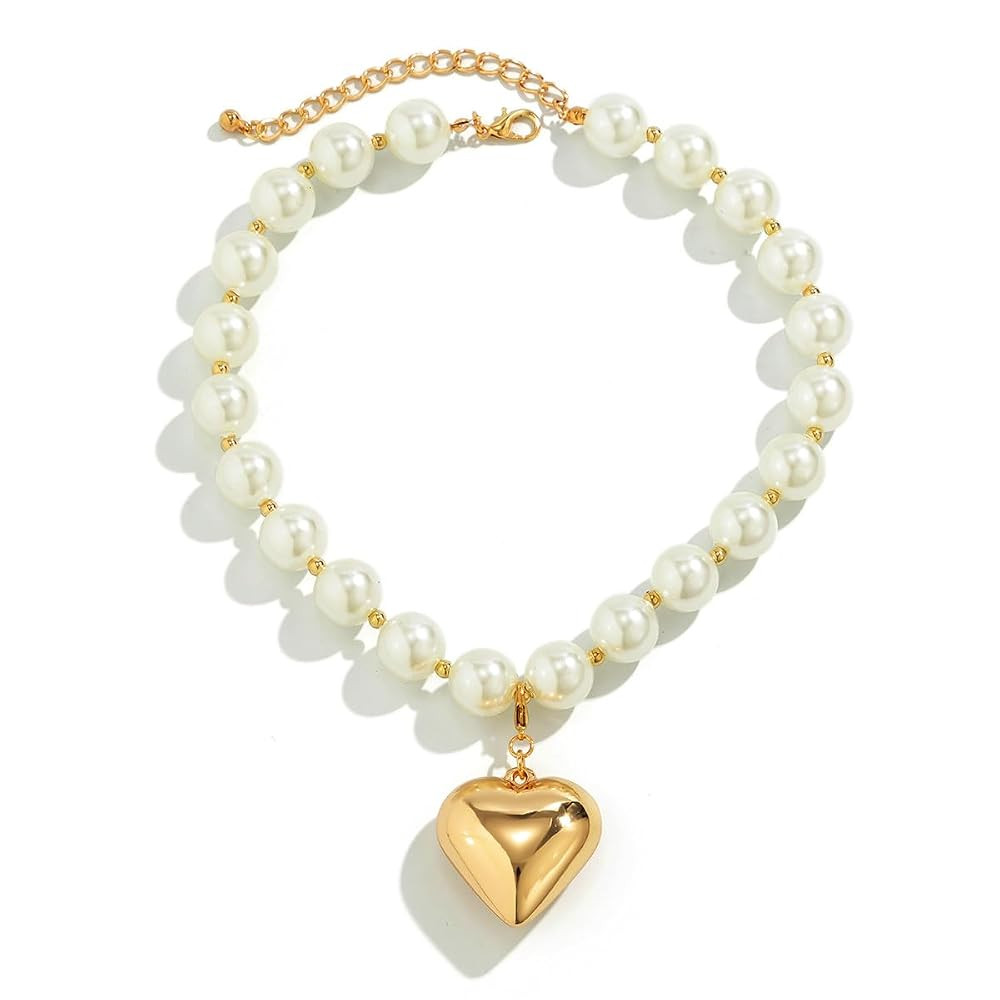 Heart Necklaces for Women Gold Chunky Heart Necklace Pearl Beads Choker Necklaces Y2k Necklace Tr... | Amazon (US)