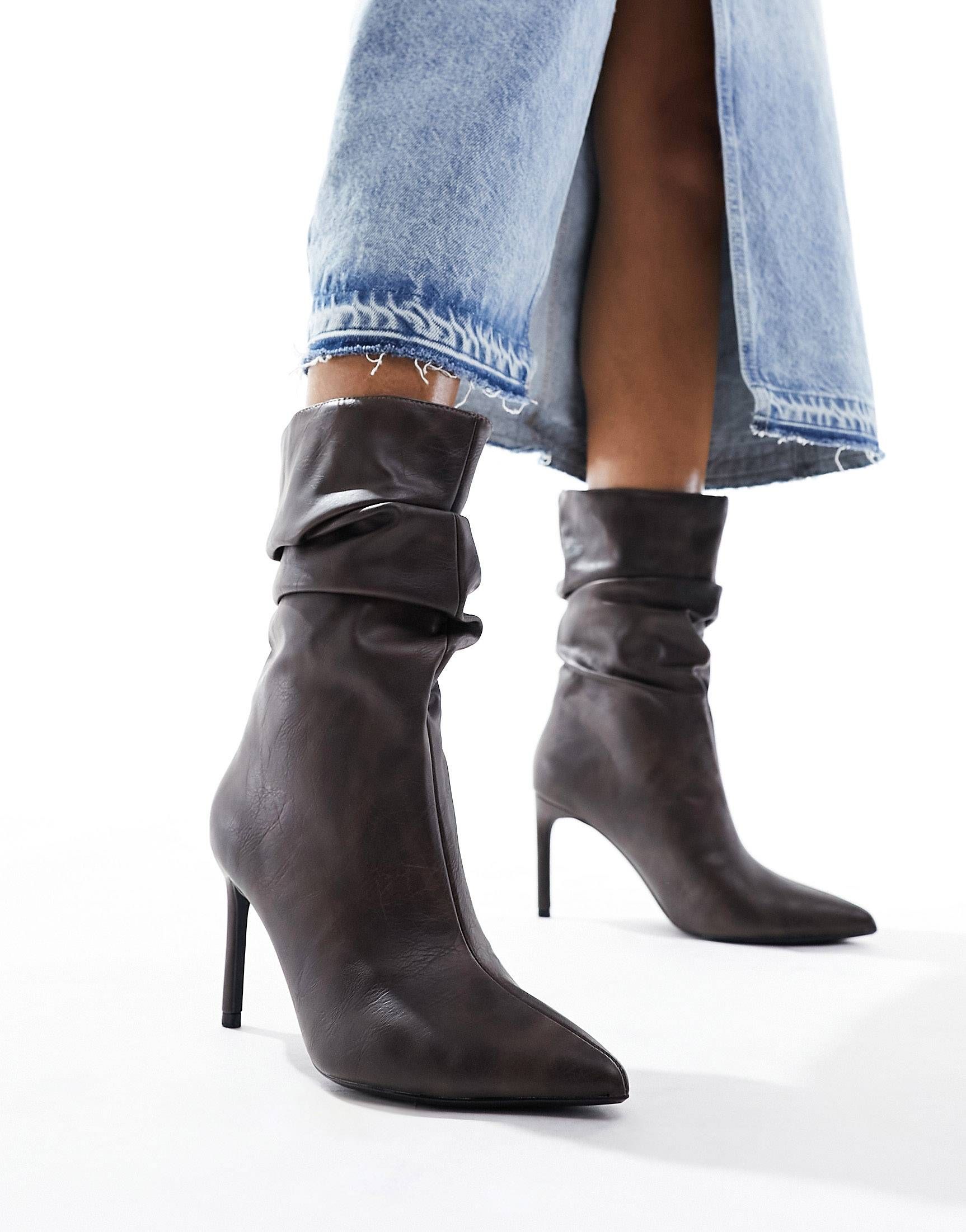 Bershka slouchy heeled boots in washed brown | ASOS (Global)