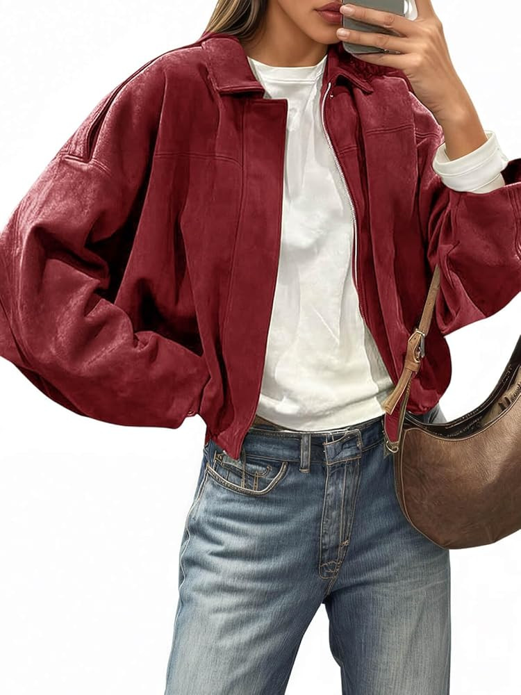 Cicy Bell Womens Faux Suede Bomber Jackets Oversized Cropped Zip Up Lapel Coats Fall Casual Outer... | Amazon (US)