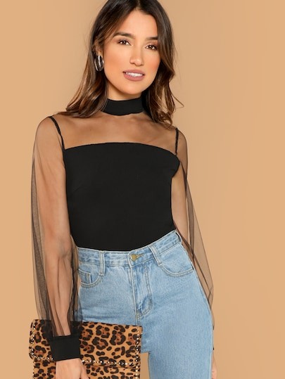 Sheer Mesh Yoke Blouse | SHEIN
