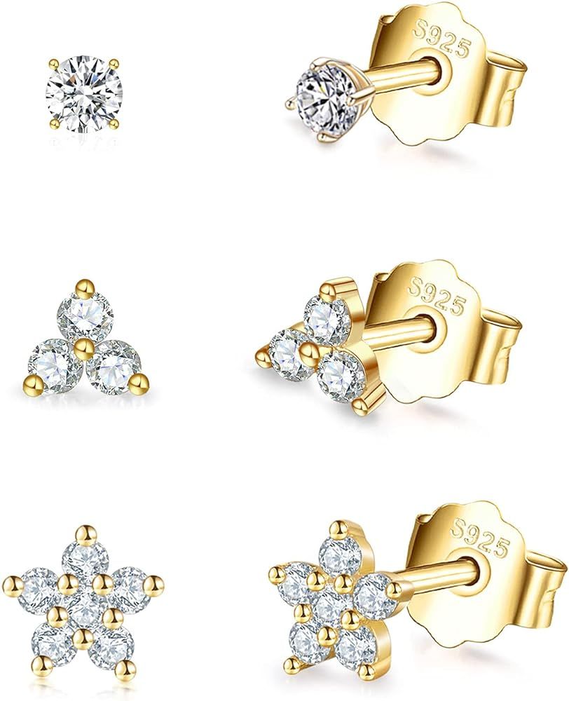 Sterling Silver Stud Earrings for Women, Tiny Flower Earrings Set | Small Cubic Zirconia Helix Ea... | Amazon (US)