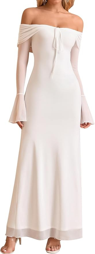 KUTUMAI Elegant Off Shoulder Long Sleeve Maxi Dress Bodycon Tie Formal Wedding Guest Dresses for ... | Amazon (US)