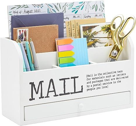 Mail Organizer Storage Box for Countertop, Desktop, Home Office, 3 Tier with Drawer (White, 11 in... | Amazon (US)