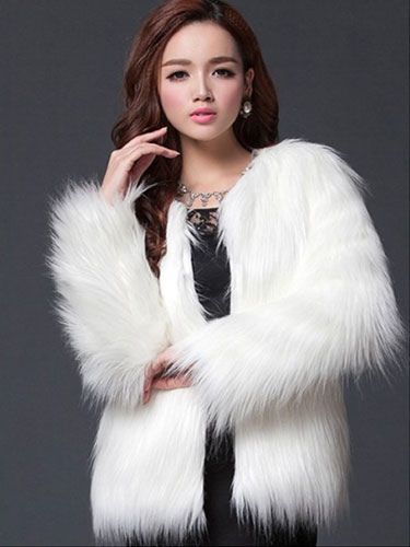 Faux Fur White Coat Women's Winter Round Collar Long Sleeve Fluffy Coat | Milanoo