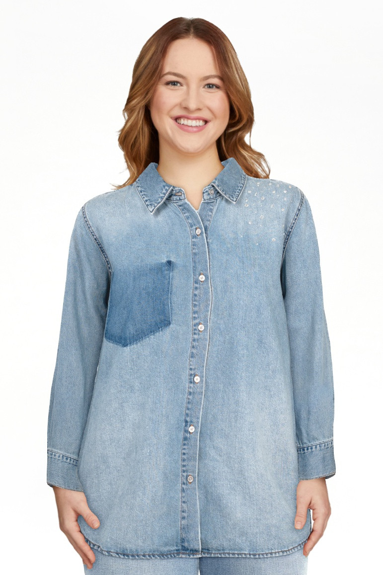 Jessica Simpson Women's Embellished Two Tone Denim Shirt with Long Sleeves, Sizes XS-XL | Walmart (US)