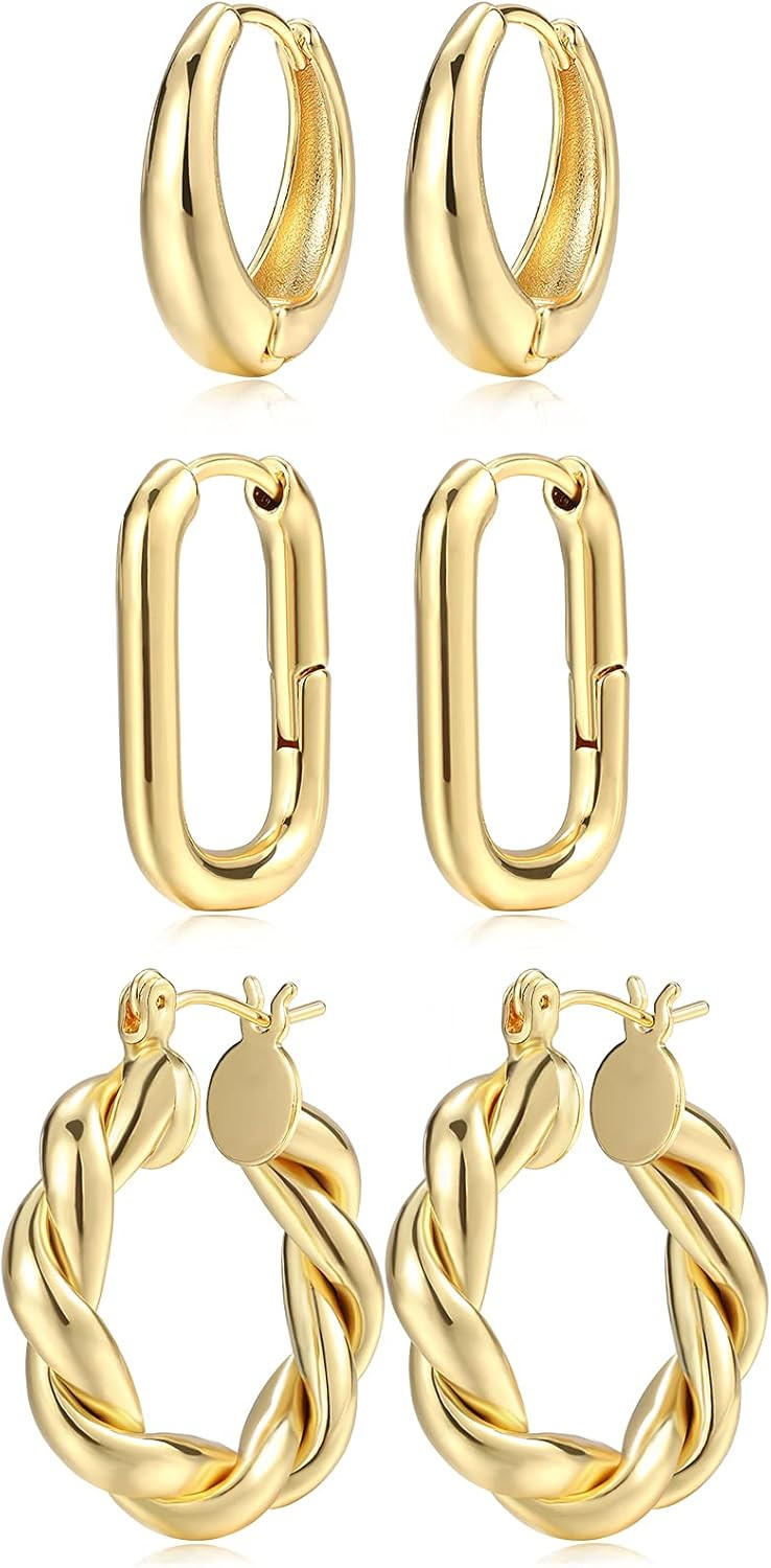 Gold Hoop Earrings Set for Women, 14K Gold Plated Lightweight Hypoallergenic Chunky Open Hoops Se... | Amazon (US)