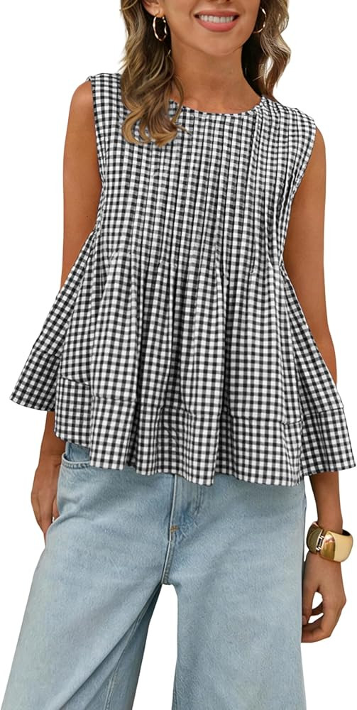 Women's Gingham Pleated Peplum Tank Tops Crew Neck Y2K Sleeveless Blouse Plaid Babydoll Tshirt | Amazon (US)