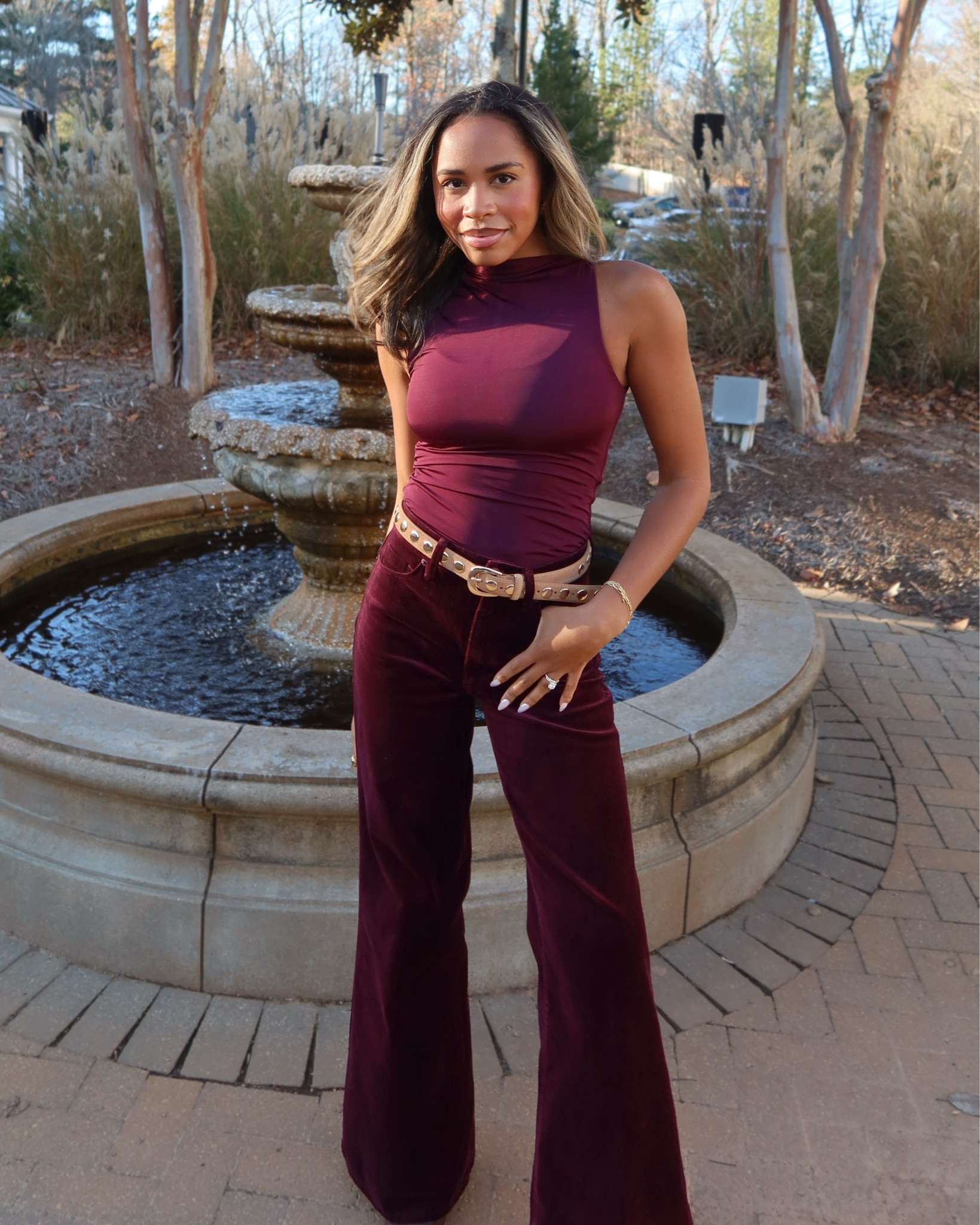 Been LIVING in burgundy and deeper red shades of purple lately! One of my favorite fall and winter trends paired with a fur coat ♥️ my entire outfit is a part of the Black Friday sale happening now! 

winter trends 2025, burgundy, burgundy outfits, palazzo pants, velvet pants, Christmas outfit, New Year’s Eve outfit, NYE outfit inspo, winter outfits, boots 

#LTKootd #LTKSaleAlert #LTKHoliday